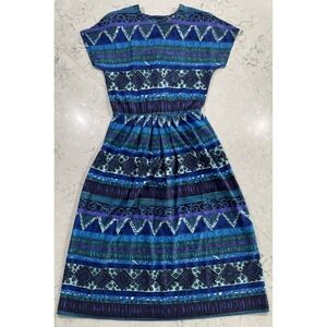 VTG Jessica Howard Dress Petite 8 Blue Purple Geometric Print Midi Made In USA